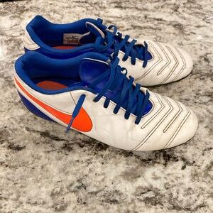 Nike Tiempo blue, white, and neon orange soccer cleats size 9
